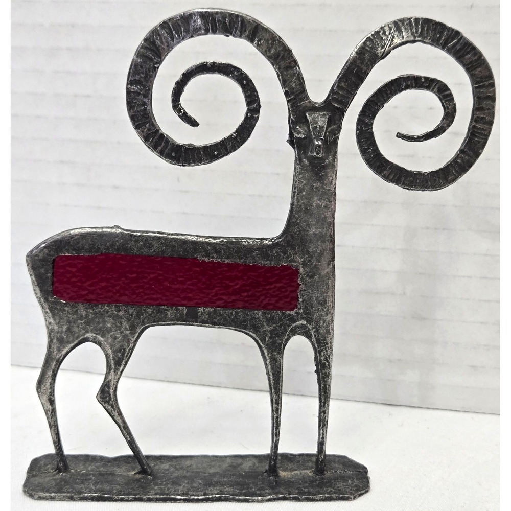 Vintage 1974 GAC Brutalist Metal Ram Sculpture Red Stained Glass/Resin Inset MCM